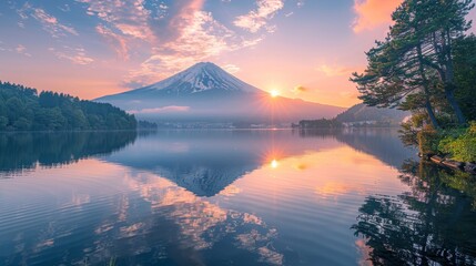 Majestic Mt. Fuji towering over a serene lake at sunrise