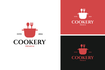 Stew pan with fork spoon logo design for cooking, cuisine, cookery template vector illustration idea