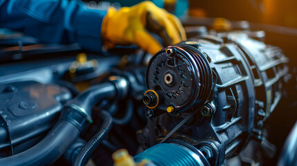Car service. A new compressor for the air conditioner. Close-up. An auto mechanic checks the integrity of the spare part and compliance with technical