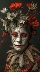 A dramatic portrait of a person with intricate face paint and an elaborate headdress made of colorful flowers. The individual wears a richly decorated garment, exuding a sense of theatricality and art