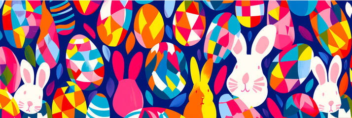 Illustration of Easter eggs and bunnies in bright colours..