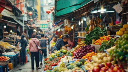 Obraz premium Vibrant Asian Street Market with Colorful Fruits, Vegetables, and Spices in Busy City Setting