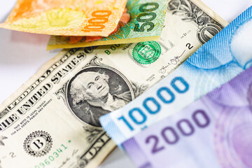 1 US dollar note and Argentine peso and Chilean peso notes. Economy in South America and inflation.
