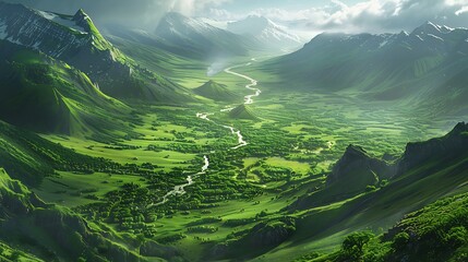  A lush green valley with a winding river