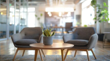 Fototapeta premium Modern Office Meeting Area with Chic Furniture and Blurred Workspace Background