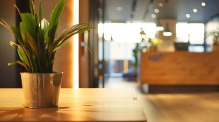 Fototapeta premium Modern and Stylish Office Reception with Blurred Open-Plan Workspace Background