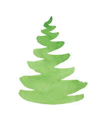 Green watercolor abstract Christmas tree isolated on a white background, hand-drawn. A decorative element for a holiday, decoration, design, postcards, greetings. Christmas decoration for the New Year