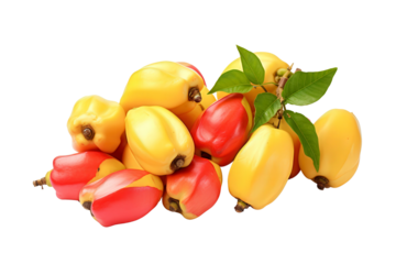 Cashew fruit, close-up stock photo of ripe yellow and red palm fruits with green leaves on a white background, emphasizing freshness and exotic appeal.