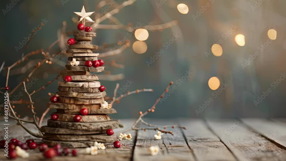 Poster a small christmas tree made from stacked slices of driftwood adorned with strings of cranberries and