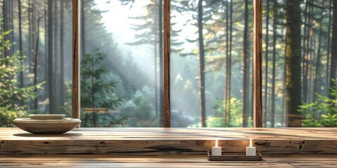 mockup photo of room window facing the forest, villa atmosphere, cottage, elegant natural atmosphere, for spa and beauty products