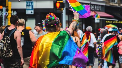 Happy man in Rainbow Clothing Celebrating LGBTQ+ Pride Month with Vibrant Colors and Festive Atmosphere. Celebration Embracing Diversity, Love, and Equality. Pride month LGBTQ+ inclusion concept