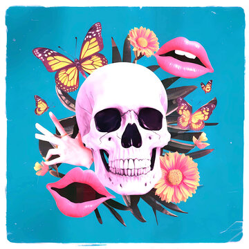 Trendy elements with a retro photocopy effect. y2k 
 Trending elements for design. Skull, flowers, butterflies, hand, mouth, eye, lips, ear.
