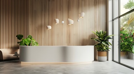 building, featuring a curved white desk with light-toned wooden wall panels, large window, hanging pendant lights, cozy seating area, and decorative indoor plants. 