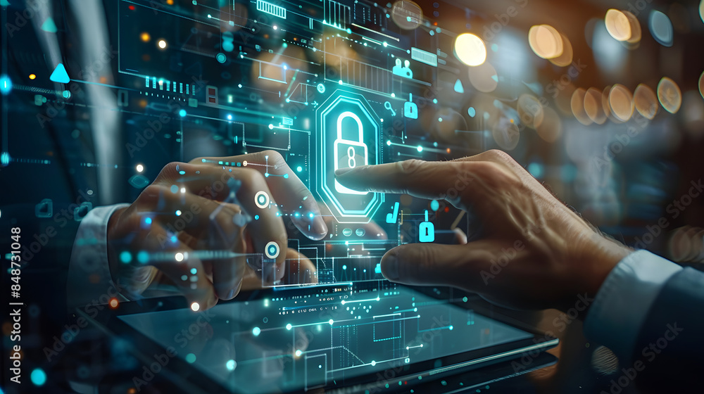 Aufkleber cyber security network, cybersecurity system technology. businessman protecting data personal inform