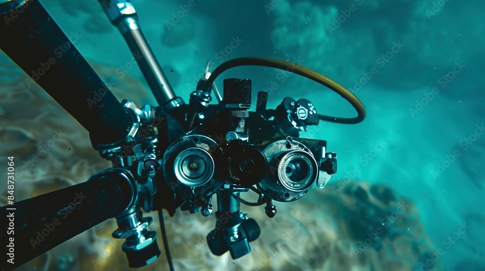 Poster macro shot of a diver's camera rig, showing complex mounting and adjustment mechanisms.