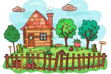 Cartoon cute doodles of a cabin with a vegetable garden and a picket fence, Generative AI