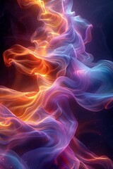 Obraz premium Abstract Vivid Cosmic Wavy Light Trails with Multicolored Gradient Hues of Purple, Orange, and Blue in Glowing Fluid Motion Against a Dark Starry Backgroundabstract