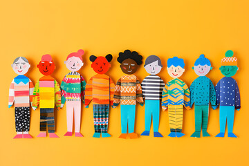 Colorful Paper Dolls Representing Diversity on Yellow Background