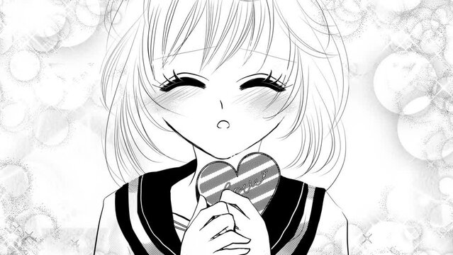 バレンタインデーにチョコを渡して告白する少女漫画の女子高生主人公（ズームバージョン）