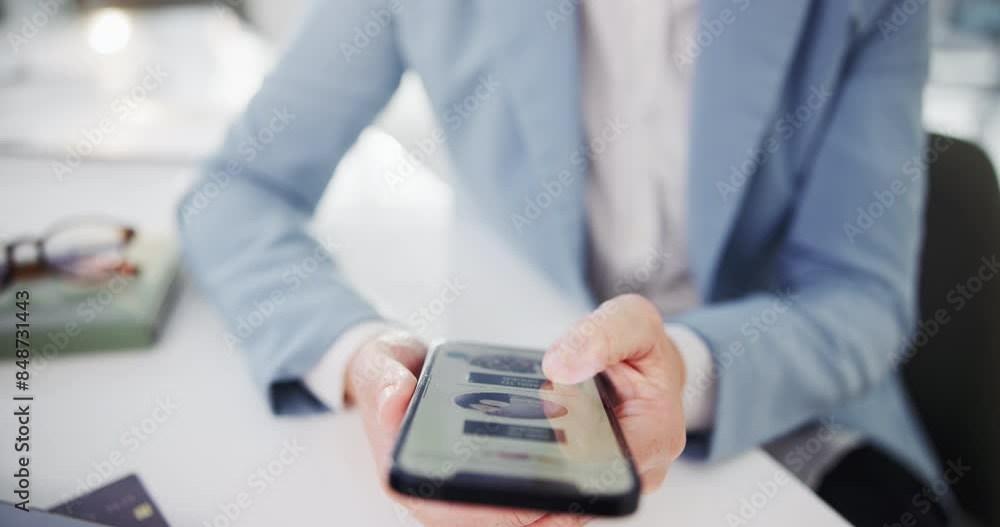 Poster hands, phone screen and food delivery in office with scroll for reading, decision or lunch on web. b