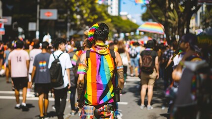 Happy man in Rainbow Clothing Celebrating LGBTQ+ Pride Month with Vibrant Colors and Festive Atmosphere. Celebration Embracing Diversity, Love, and Equality. Pride month LGBTQ+ inclusion concept