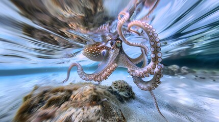 Close-up of an octopus jetting through the water, dynamic motion captured in clear, blue...