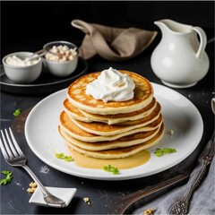 delicious freshly made pancakes with sour cream on a beautiful dish, on a dark background