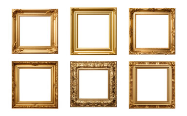 Collection of antique gold picture square frames isolated on a transparent background, PNG
