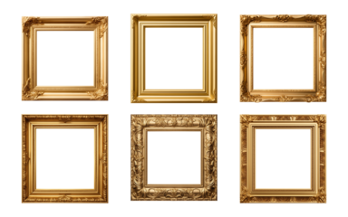 Collection of antique gold picture square frames isolated on a transparent background, PNG