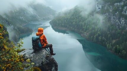 Obraz premium A hiker taking a break and admiring the scenic mountain lake view from a rock ledge