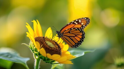 Fototapeta premium Sunflower, Monarch butterfly on sunflower.