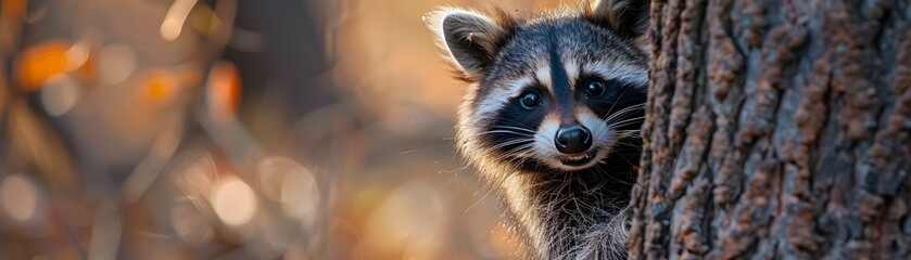 Fototapeta premium Curious Raccoon Peeking Out from Behind a Tree with Clutched Food Wildlife Portrait Concept