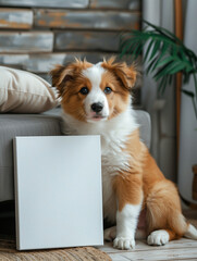 border collie puppy sitting on the floor with a mockup frame, family home background