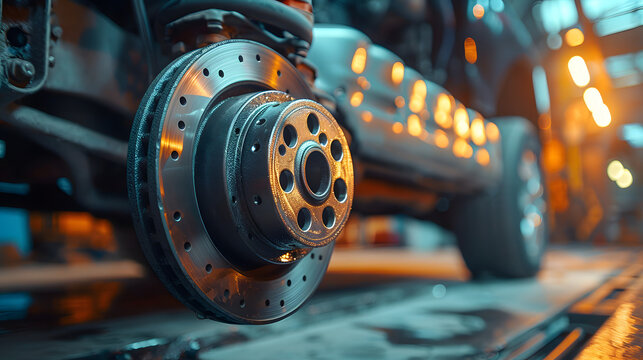 Disc brake of the vehicle for repair, in process of new tire replacement. Car brake repairing in garage