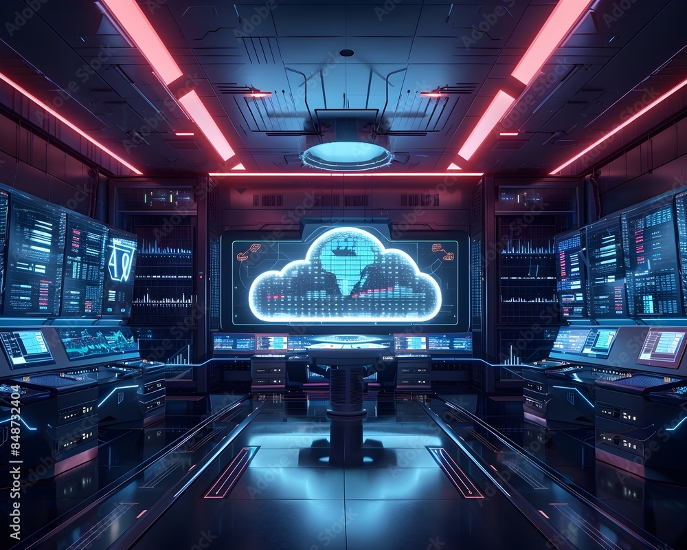 Poster futuristic control room monitoring cloud infrastructure and data flow for the cloud computing concep