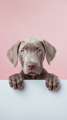 Obraz premium Cute grey puppy with blue eyes peeking over a pink background, creating a charming and heartwarming scene. 