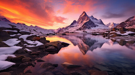 A breathtaking view of a snow-covered mountain range reflected in a tranquil lake