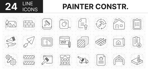 Collection of 24 painter construction line icons featuring editable strokes. These outline icons depict various modes of painter construction. paint, paintbrush, bucket, symbol,