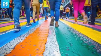 A rainbow crosswalk in the middle of a bustling city symbolizing support for the LGBTQ+ community People of all backgrounds are walking across it showing acceptance and solidarity The crosswalk