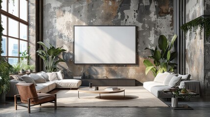 Blank TV screen in a modern living room, with comfortable seating and stylish decor, offering significant space for text or video mockups