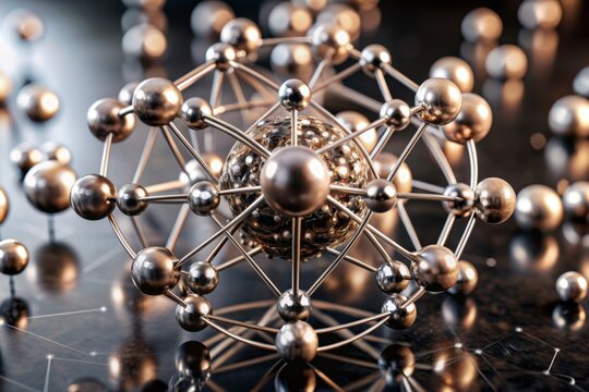A computer-generated image of a monoatomic molecule, showing a single atom with detailed features, displayed on a black background