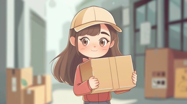 Cute and Adorable Chibi Style Cartoon of a Young Female Delivery Woman Carrying a Large Package Box With Both Hands in a Cheerful and Helpful Manner Representing the Service Logistics