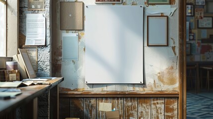 Empty flyer on a bulletin board in a community center, with various other flyers and notices, providing plenty of space for text or event details