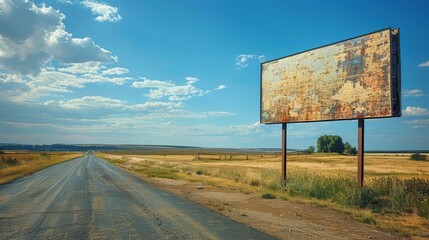 Clean billboard on a rural road, with open fields and blue sky, providing ample space for text or advertisements