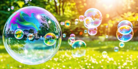large multi-colored round soap bubbles fly in the air