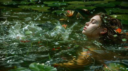 A serene underwater portrait of a woman surrounded by koi fish and blooming lotus flowers, creating a tranquil and dreamlike scene.
