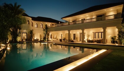 Fototapeta premium Luxury house with swimming pool at night Luxury house with swimming pool at night