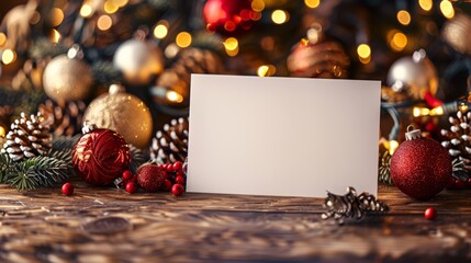 Blank greeting card on a festive table, with holiday decorations and warm lighting, providing ample space for text or holiday messages