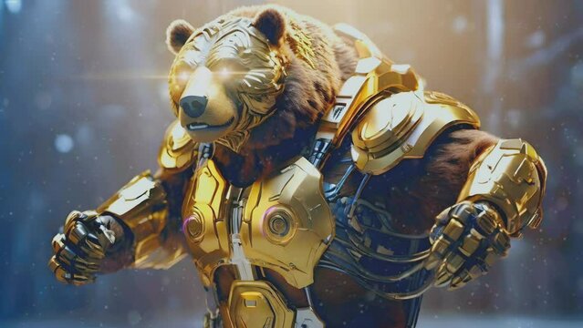 illustration of technological advances in fierce brown bear cyborg fighting robot technology, seamless looping time lapse virtual 4k video animation background