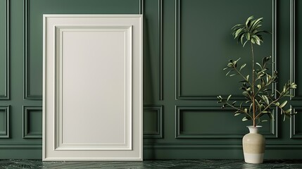 Minimalist White Frame Mockup on Emerald Green Wall with Shelf of Potted Plants, Elegant Interior Design Concept